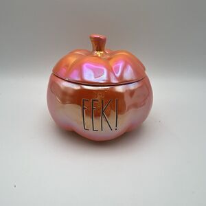 New Rae Dunn Halloween Orange Iridescent EEK Pumpkin Candy Canister Jar